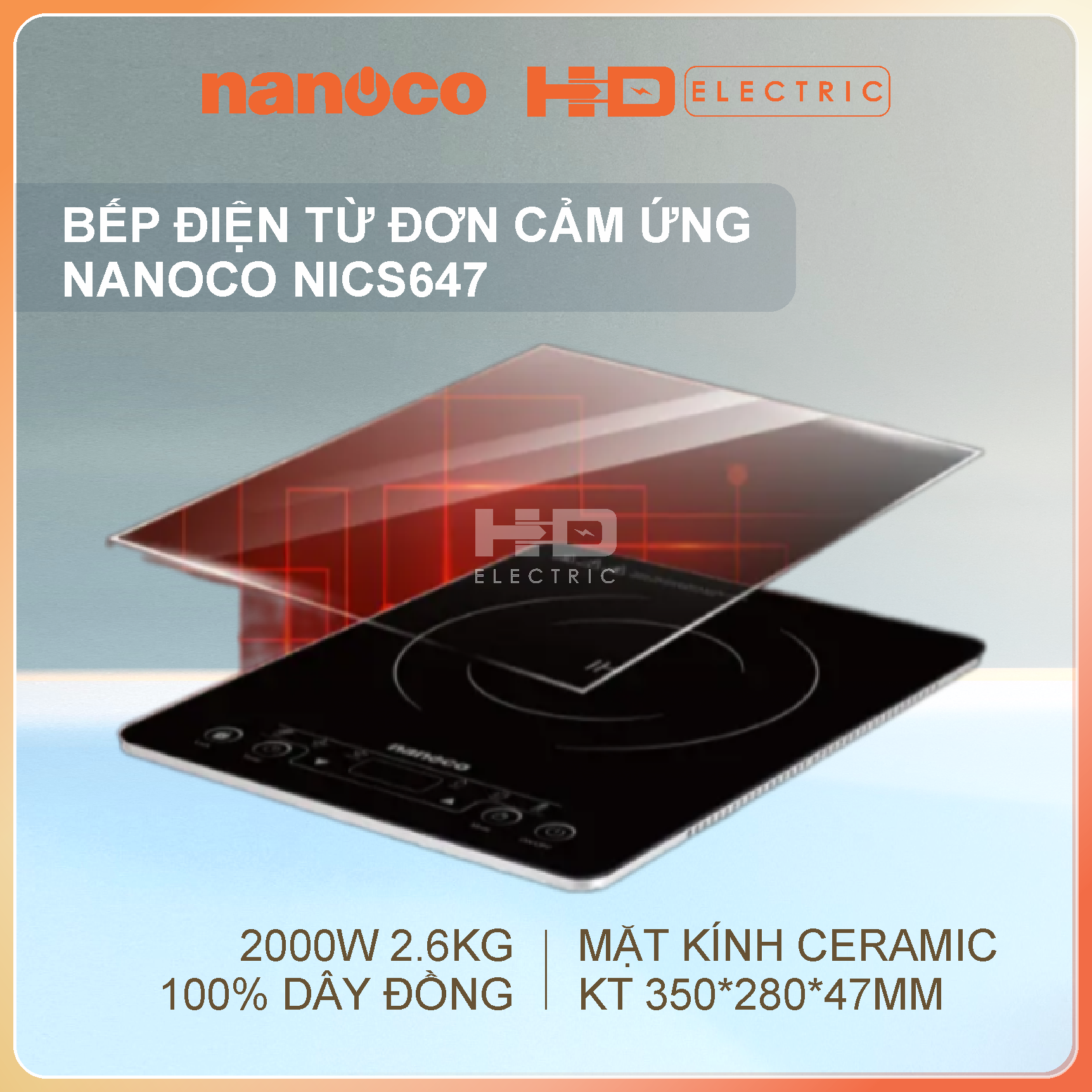 Bếp điện từ đơn Nanoco NICS648 2000W - Mặt kính Ceramic bóng